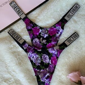 Victoria's Secret Black Thong with Purple and Pink Floral - Size S - M - L